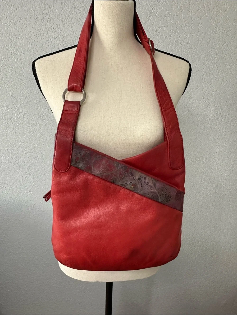 Solace Red Leather Hobo Bag Slouchy Adjustable Crossbody Paisley Boho Whimsigoth